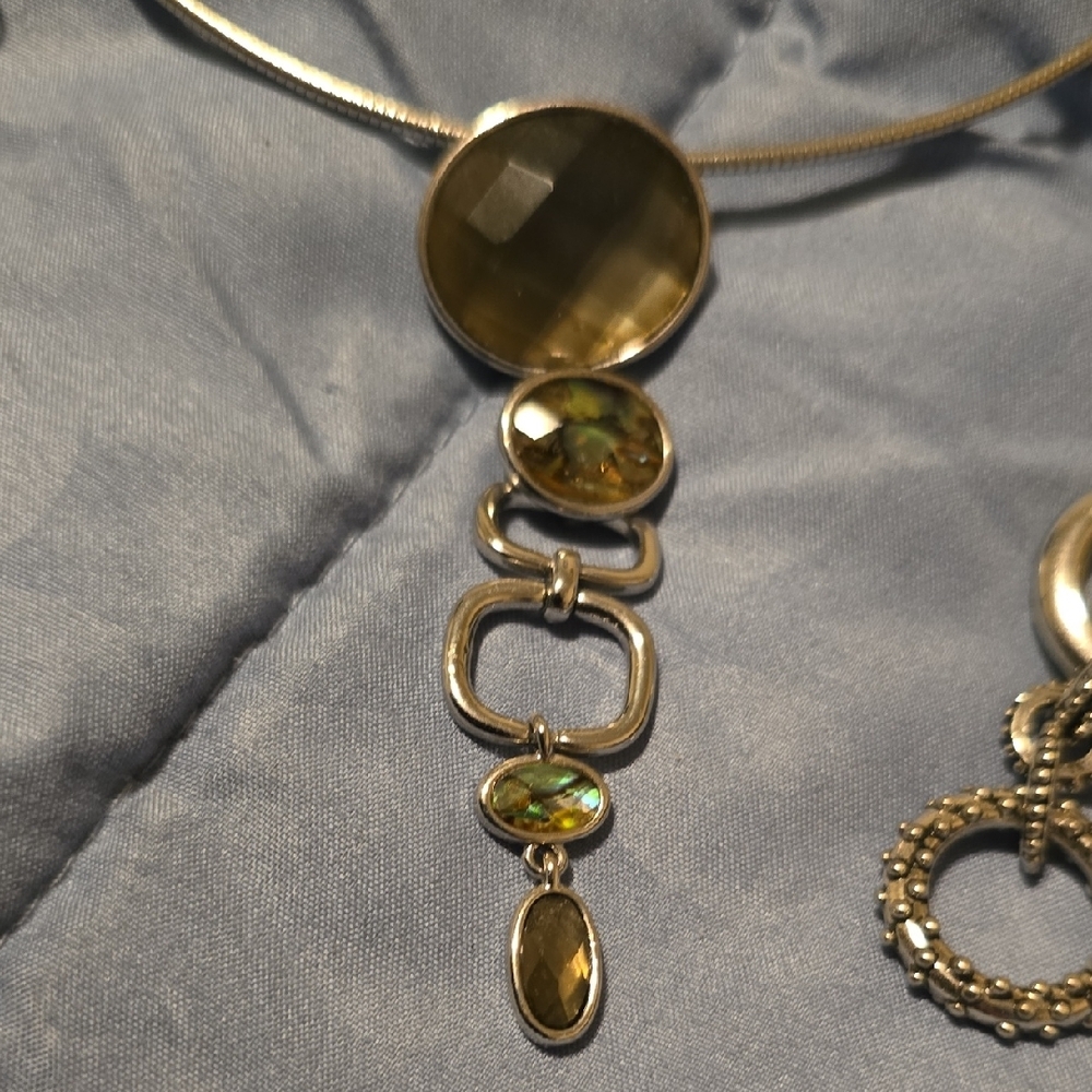 Silver Tone Green Gem Statement Necklace and Earring Set - Picture 2 of 4